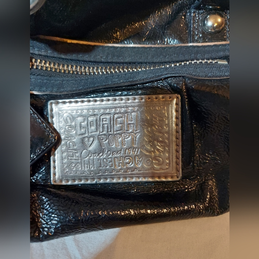 Coach Poppy Black Patent Leather Satchel With Silver Hardware And Teal Lining - Picture 8 of 12